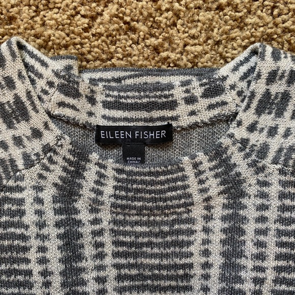 Eileen Fisher gray/cream plaid 3/4 length sleeves sweater. Tencel/merino wool. - Picture 3 of 4